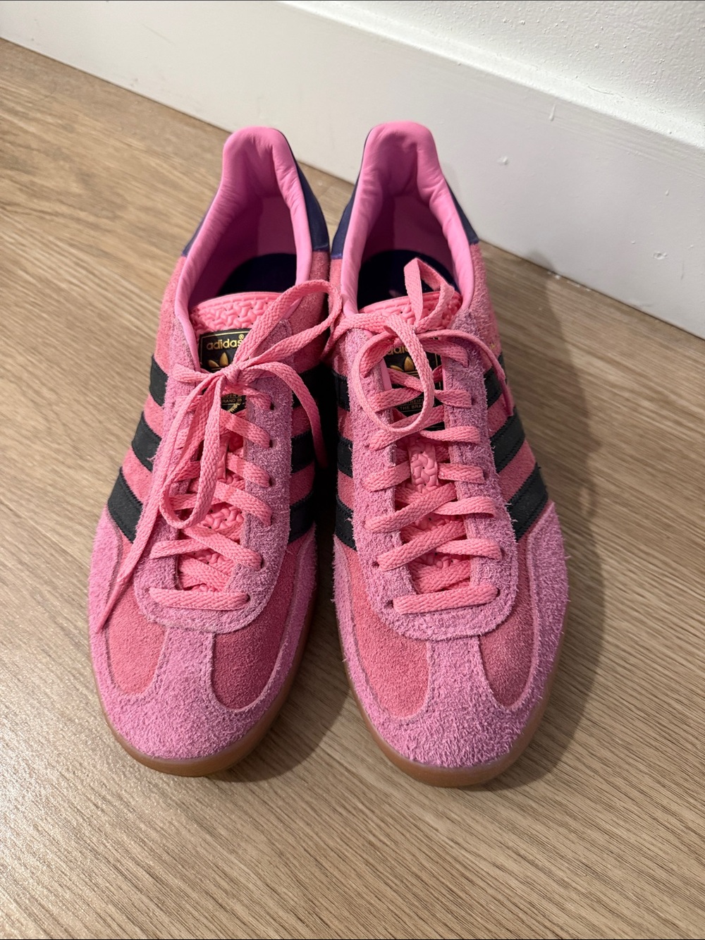adidas Women’s Pink Suede Sneakers with navy Stripes